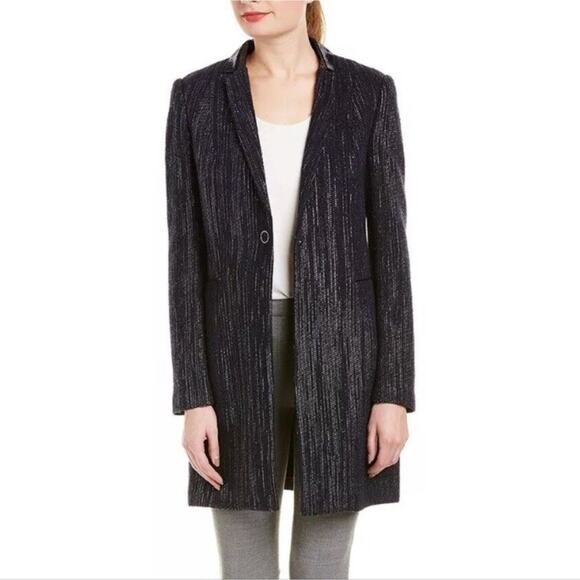 Elie Tahari Pam Leather-Trimmed Metallic Coat Jacket Medium - Picture 2 of 11